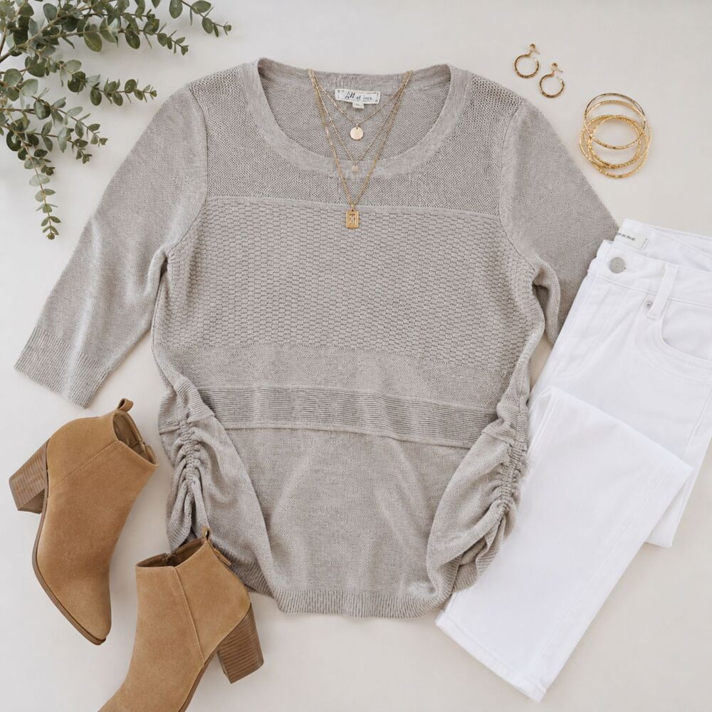 All At Once Beige Textured Knit Sweater XL Ruched Sides 3/4 Sleeve Top